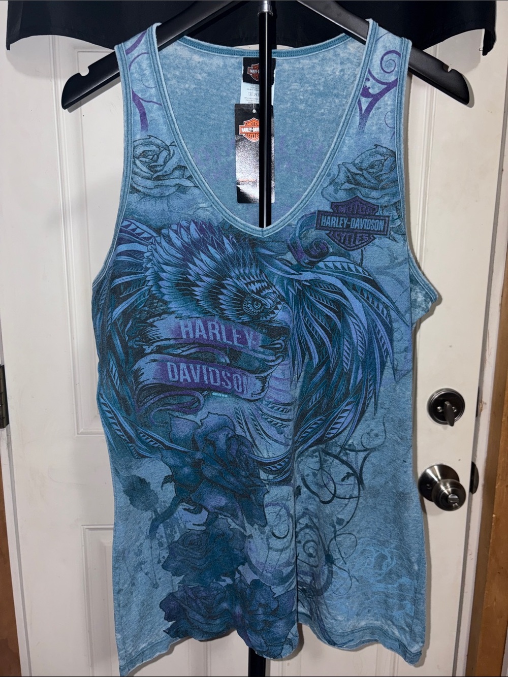 NWT Harley Davidson Blue and Purple Flower Graphic Tank- Pasadena, Texas